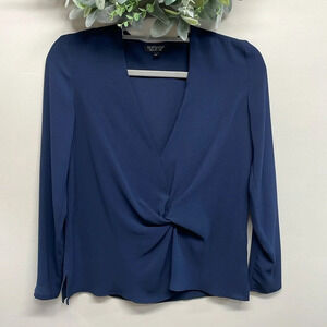 Topshop Navy Long Sleeve Blouse Semi Sheer V-neck Knot Front 4